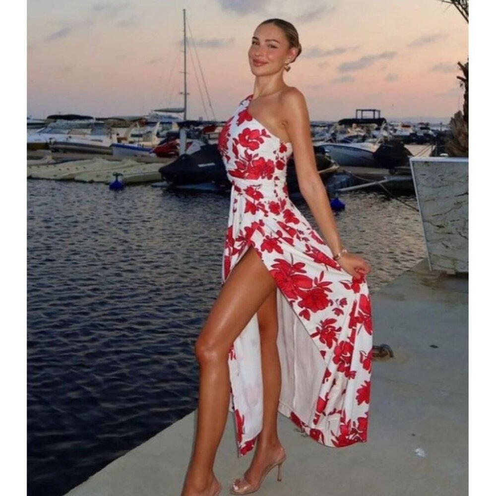 Abercrombie & Fitch Red Floral One-Shoulder Maxi Dress